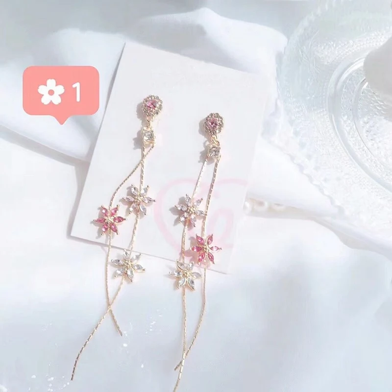 

MENGJIQIAO 2019 New Korean Crystal Pink Flower Tassel Long Drop Earrings For Women Geometric Elegant Dangle Pendientes Gifts