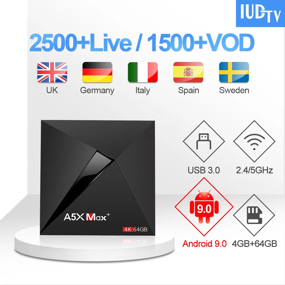 

IUDTV Code IPTV A5X Max UK Swedish Greece IPTV Subscription Set Top Box Android 9.0 Spain Greece India IPTV Italy Germany IP TV