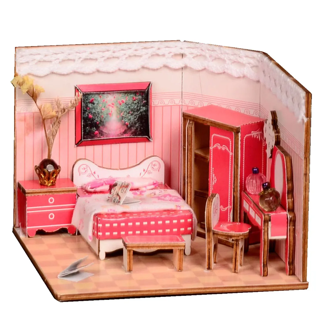 1/24 DIY Dollhouse Miniature Kits Wooden Dolls Houses With Full Furniture - Pink Sweet Princess Bedroom Model House
