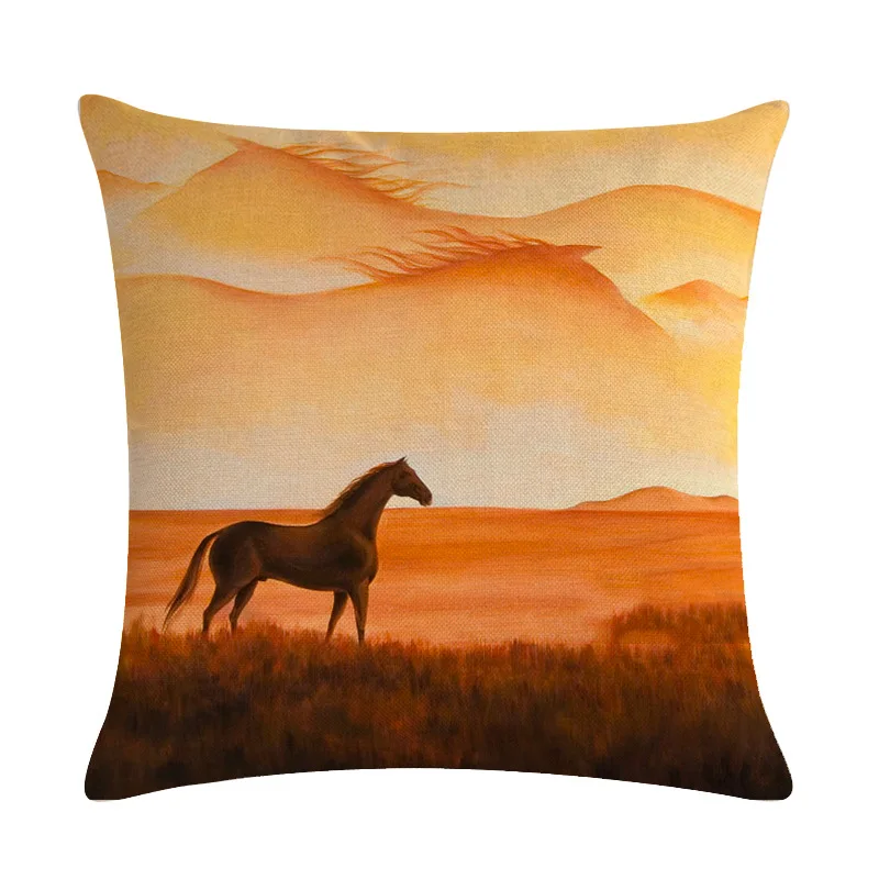 Animal Linen Cushion Cover Horse and Grassland Pillow Case for Sofa Seat Couch Bedroom Decorative Covers Home Living Room Decor