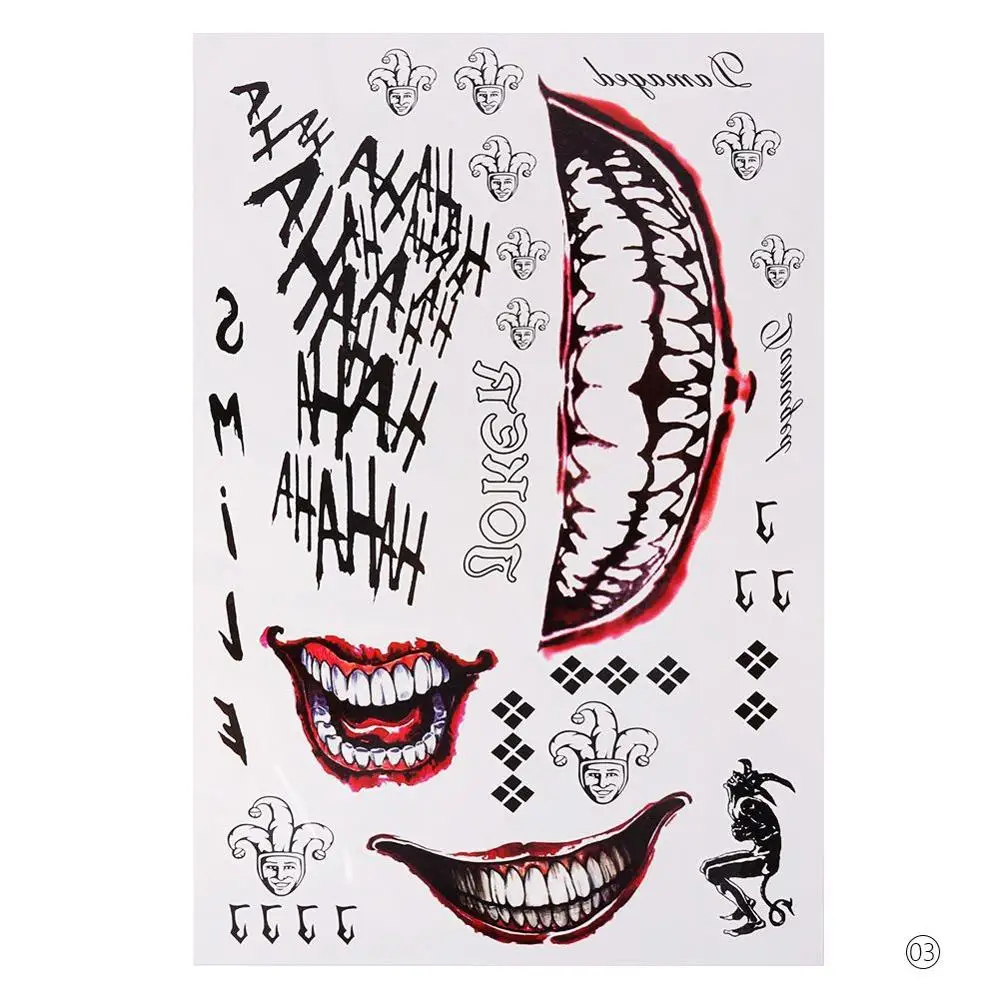 tattoos joker 7Styles Halloween Cosplay The Joker Temporary Tattoo Stickers Body Art Tattoos for Face Arm 20X29.6cm - Color: Style 3