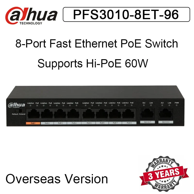 dahue коммутатор питания через Ethernet PFS3010-8ET-96 8-Порты и разъёмы Fast Ethernet коммутатор питания через Ethernet 10/100/1000 Мбит/с sup Порты и разъёмы Hi-POE DH-PFS3010-8ET-96