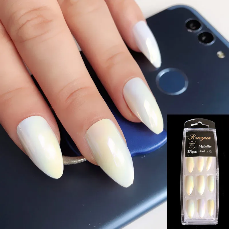

24pcs Shiny White Artificial Olecranon long Fake Nails Press On Nails Gradient False Nail Art Tip Easily to Use with Glue Sticke