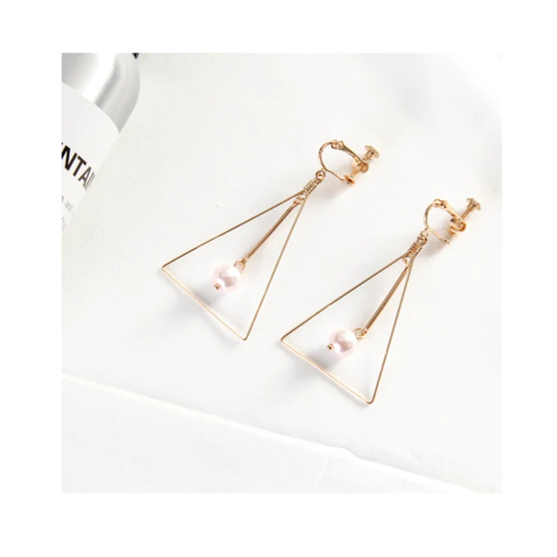 gold pink Бренд Grace Jun корейский стиль треугольные Квадратные бусины Геометрическая Форма клип на серьги без пирсинга для женщин вечерние милые ювелирные изделия подарок - Окраска металла: gold pink