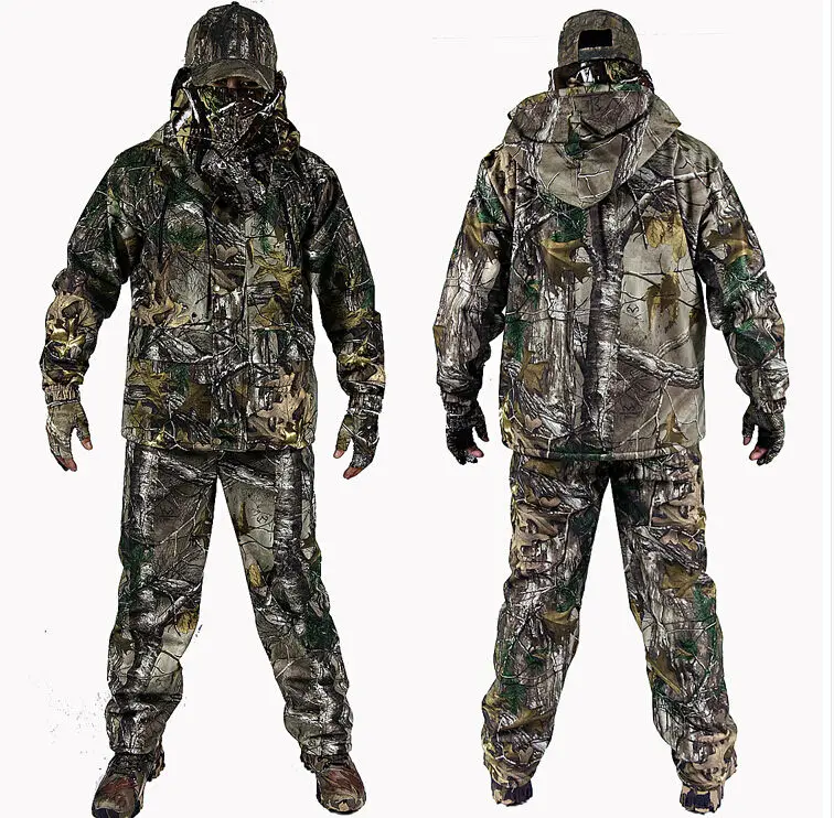 Ghillie костюмы для мужчин Bionic камуфляжная куртка и брюки флис водонепроницаемый тепловой Охота Одежда Военная Униформа Снайпер - Цвет: 5PCS