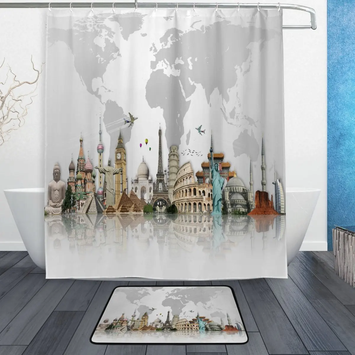 

Travel Around the World Famous Scene Waterproof Polyester Fabric Shower Curtain with Hooks Doormat Bath Floor Mat Bathroom Grey