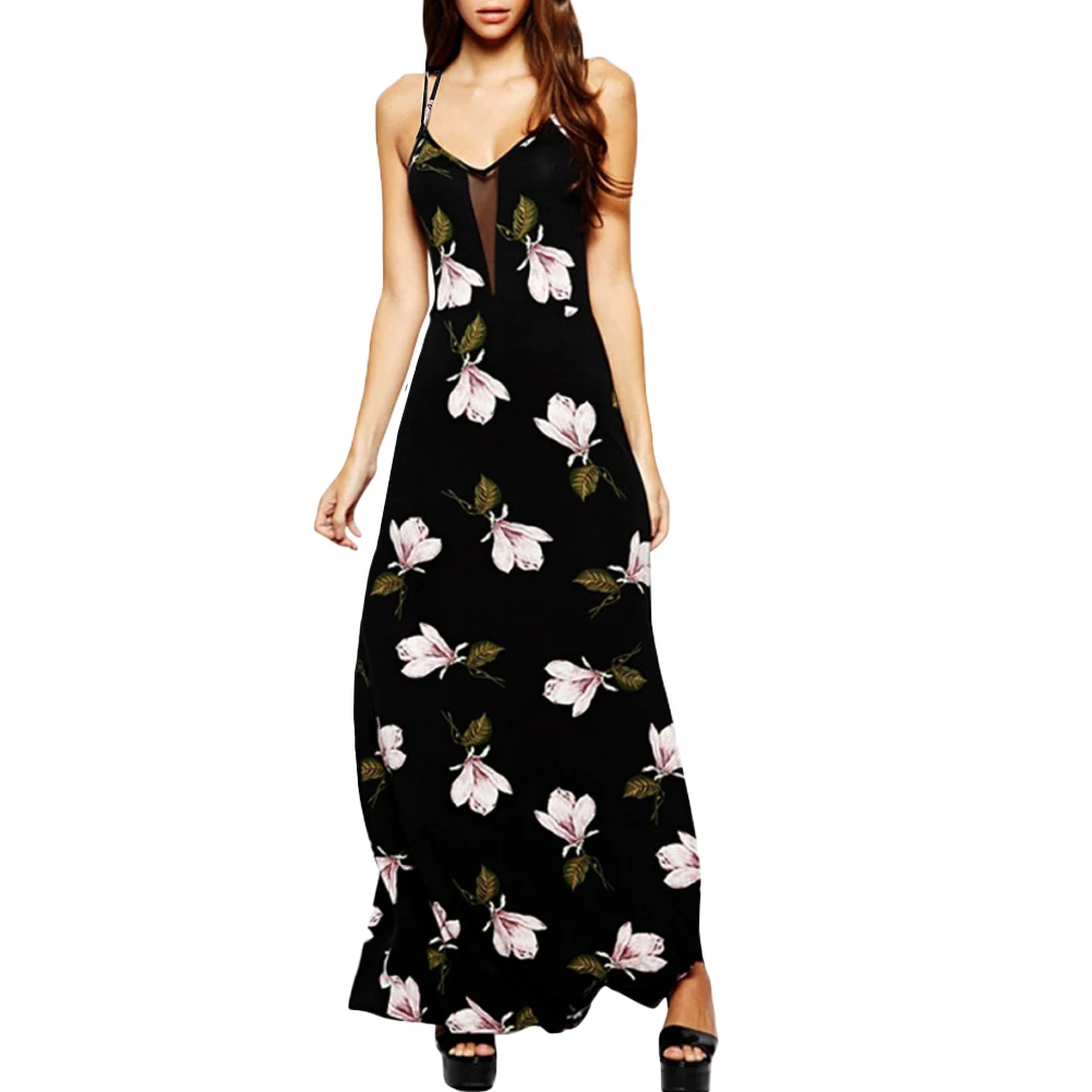 

Summer Sexy Women Floral Print Maxi Dress Lace Strappy Sleeveless V-Neck Zip A-Line Party Long Dresses Lady robe femme ete 2019