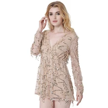 2017 Women Long Sleeve Vintage Dress Apparel Sexy off Shoulder Sequin Tassel Summer Beach Party Mini Club Wear Dress Size Xxl