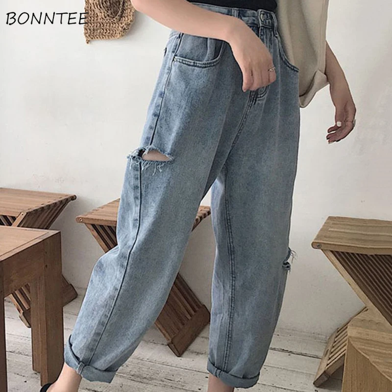 Женские рваные джинсы свободные корейские стильные универсальные простые тонкие прямые женские брюки до щиколотки с карманами 2019 модные