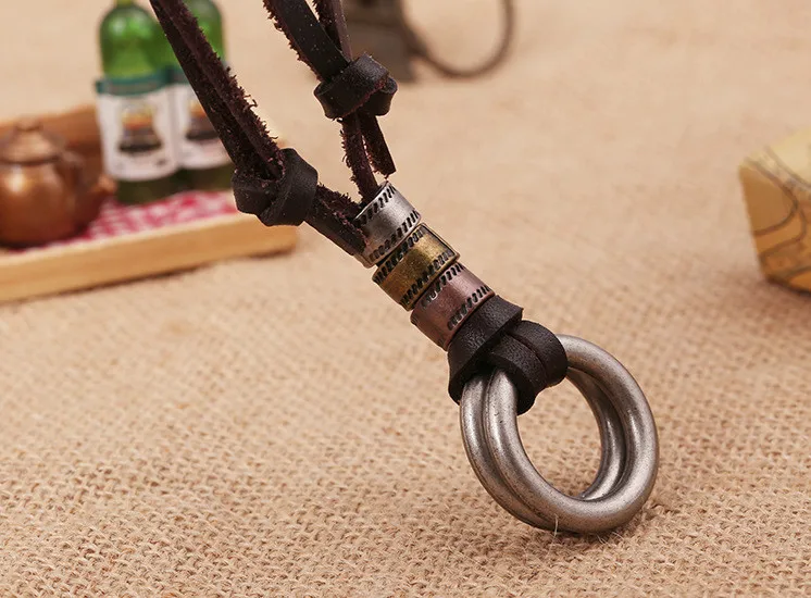 Genuine Leather Men Necklace Vintage Brown Men's Charms Pendant Accesorios Male Jewelry Sieraden (1)