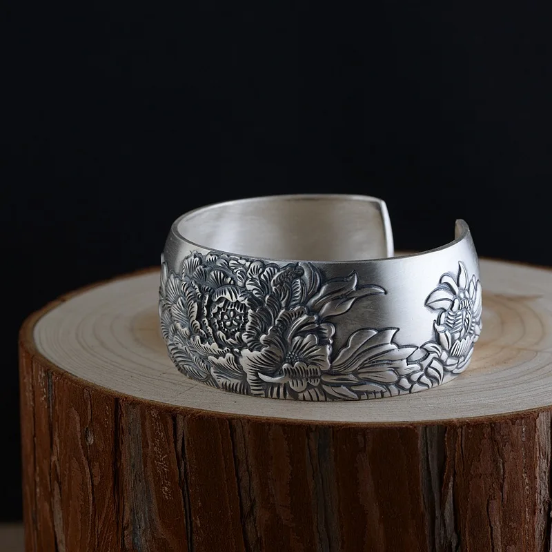 New 925 Silver Jewelry Sterling Silver Peony Flower Wide Open Bangles Cuff For Women