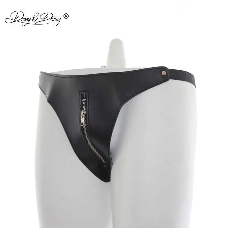 DAVYDAISY Men Sexy Panties Latex Panties Open Crotch Zipper PU Leather Thongs Sexy Lingerie Exotic Briefs Male Underwear UN506