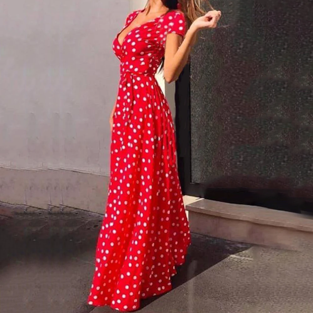 Женское винтажное летнее пляжное длинное платье в горошек в стиле бохо, вечернее сексуальное платье с v-образным вырезом и высокой талией, длинное платье трапециевидной формы, Vestidos