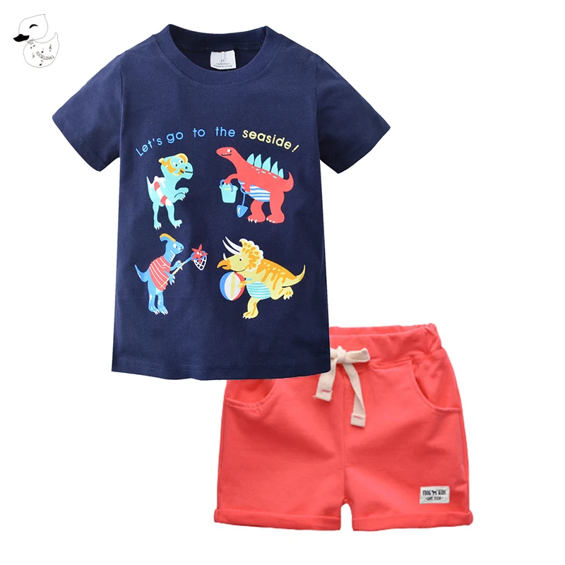 

BINIDUCKLING Summer Boys Clothing Children's Sets Fashion Pullover Hot Sale Cartoon T-Shirt Solid Pants for Kids Baby Cotton