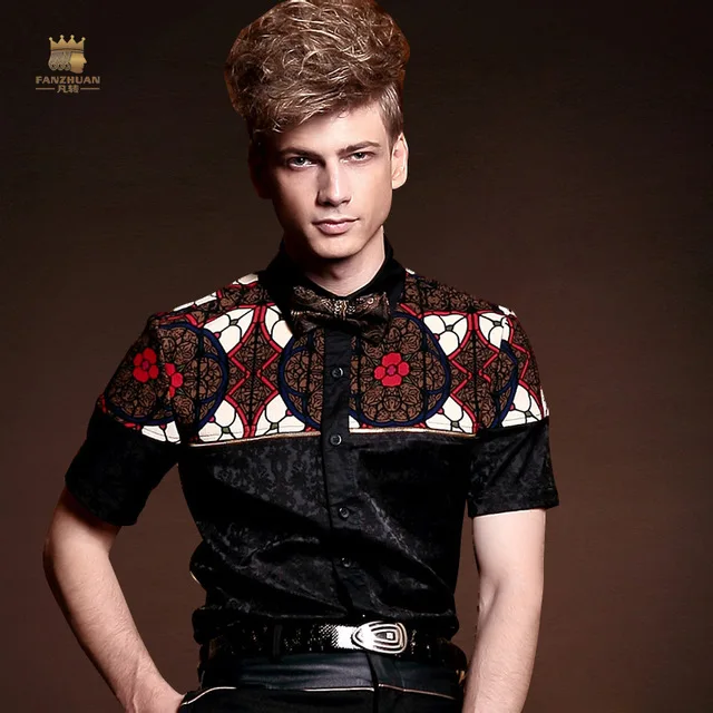 

FANZHUAN 2018 Free Shipping New Summer Men's short sleeved Nightclub Mandatory Plants Flowers Mosaic male black slim shirt 14303