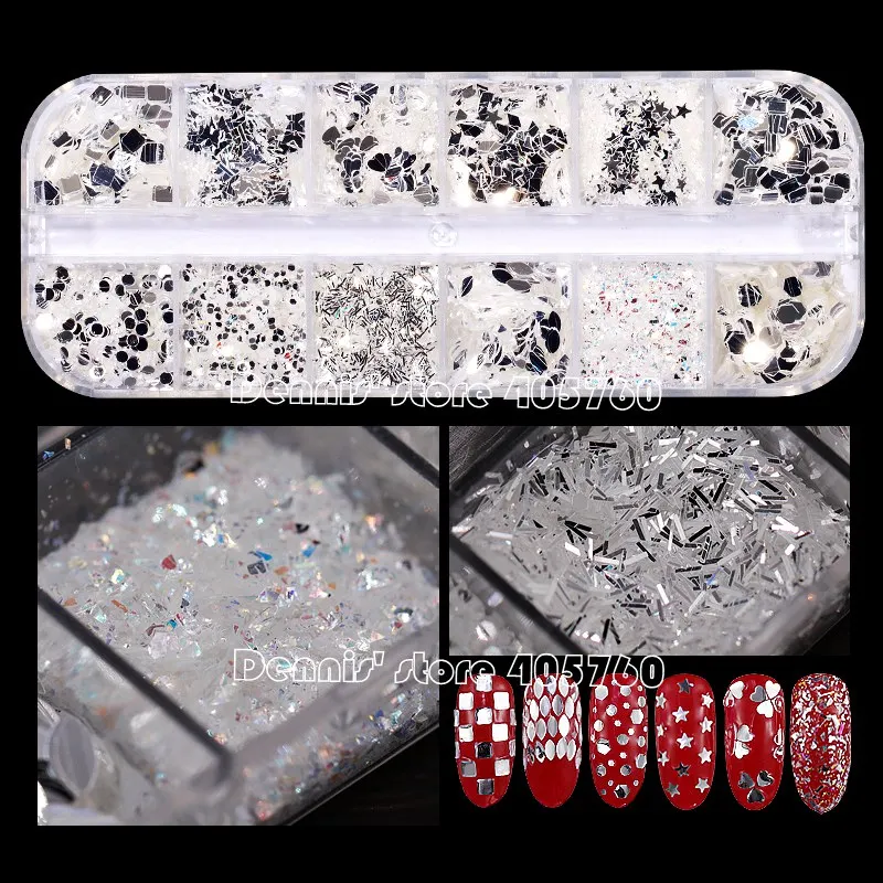 

12 Grids/Set Nail Glitter Shiny Silver Mix 12 Shapes Butterfly Round Square Powder Nail Sequins Nail Art Slice Decals DIY CF