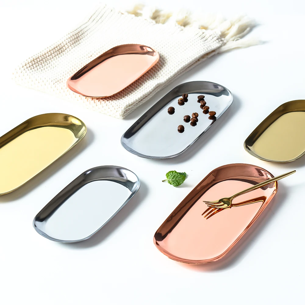

Nordic Rose Gold Metal Storage Tray Luxurious Brass Gold Silver Oval Plate Iron Fruit Plate Jewelry Display Tray for Home Decor