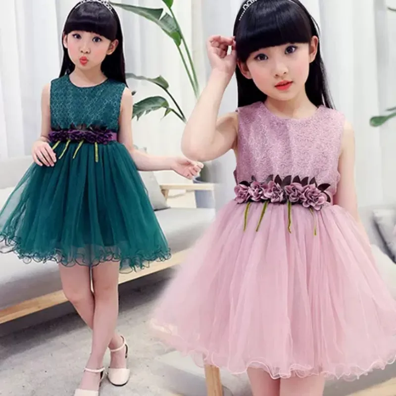 

Pink dark green Girls flowers princess dress beautiful Girls party dress Summer Kids Clothes childern Ball Gown dress 3-12years