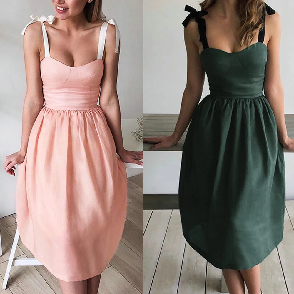 

2019 Fashion Iow-cut Bandage New Midi Dress Deep V-neck Spaghetti Strap Sexy Dresses Summer Backless Loose Women Dress Vestidos