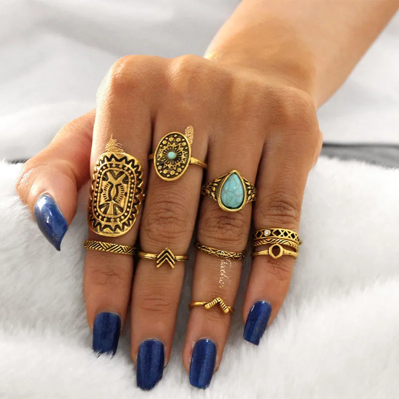 

10pcs Vintage Big Stone Midi Ring Set For Women Boho Antique Gold Silver Heart Flower Knuckle Rings Boho Jewelry Anillos Gift
