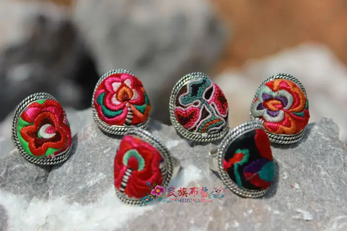 

100% handmade Ethnic pure hand embroider Ornament luck miao silver ring luck embroidered ancient female ring shipping free