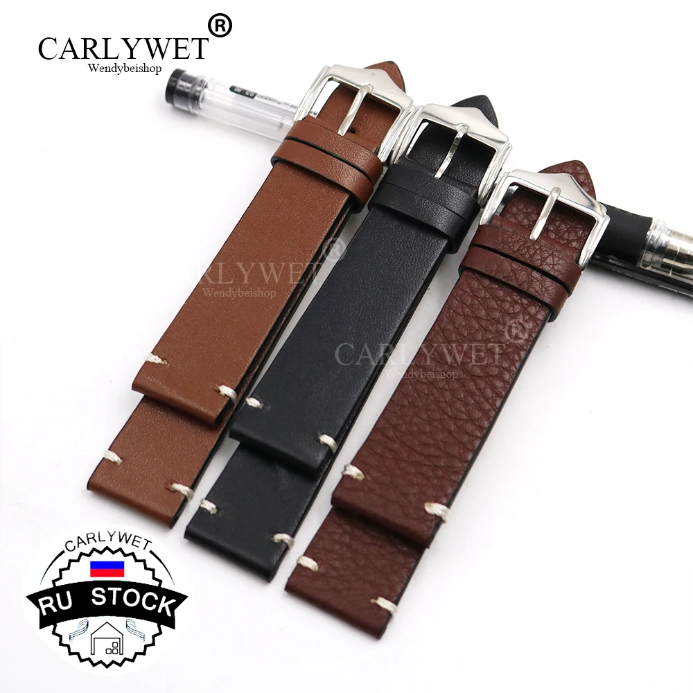 CARLYWET RU сток 20 22 24 мм воловья кожа гладкая винтажная кожа черный коричневый замена часы ремешок ремень с полированной пряжкой