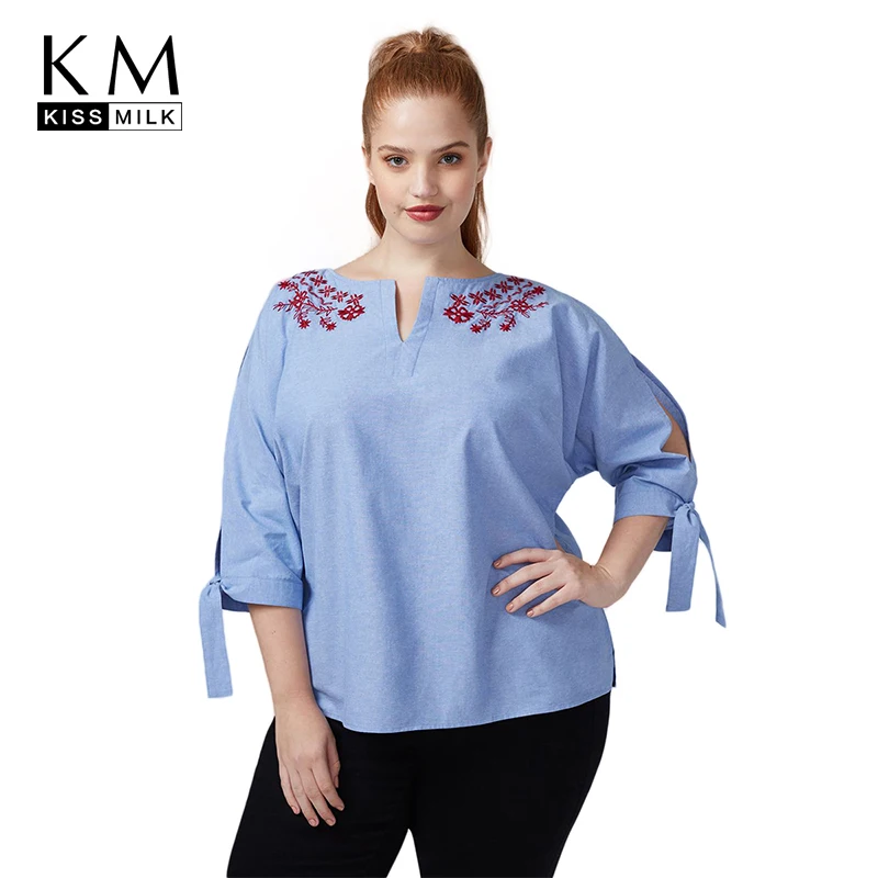 

Kissmilk Plus Size Floral Embroidery V Neck Cut Out 2018 New Women Summer Shirt Loose Three Quarter Sleeve With Knot Blouse