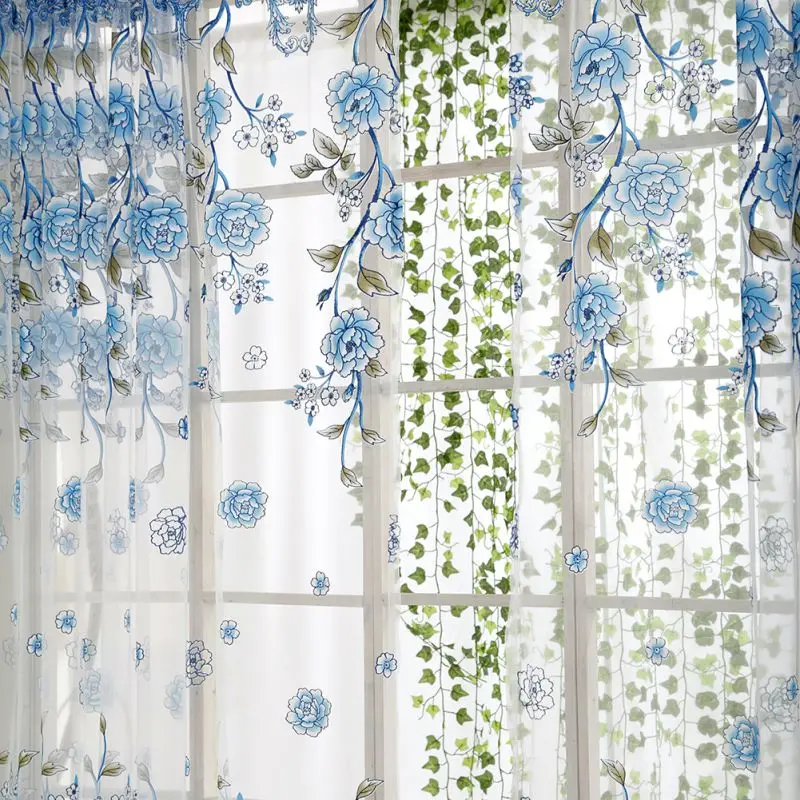 Flower Print Window Curtain Divider Tulle Voile Drape Panel Sheer Scarf Valances