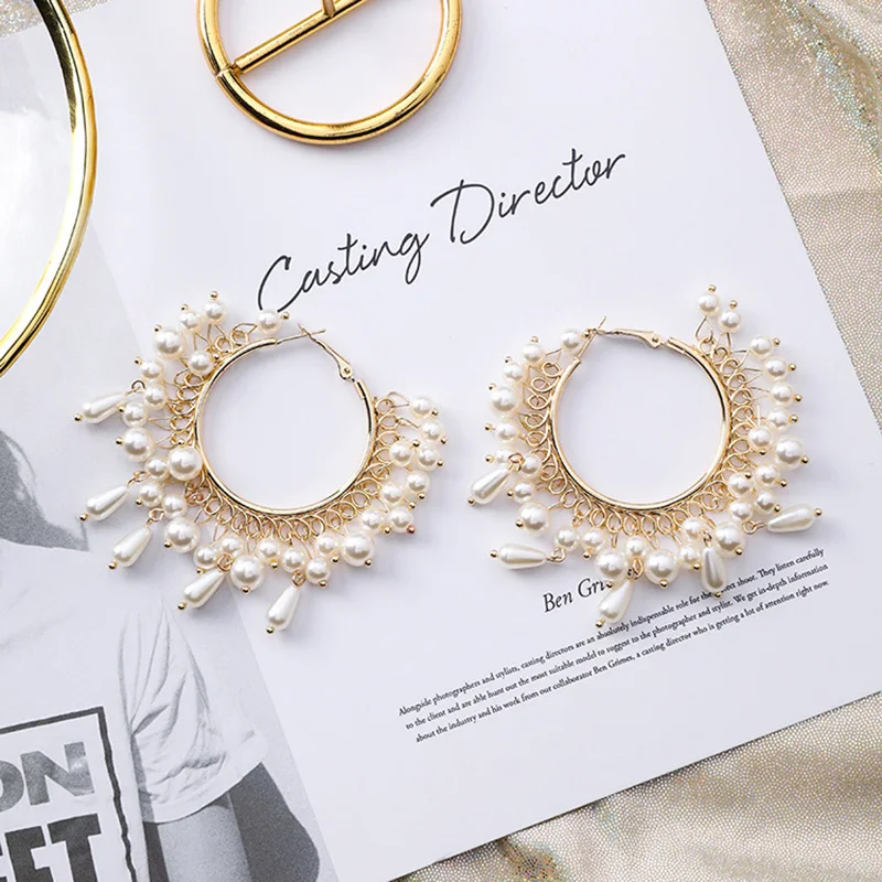 Дизайн, роскошные золотистые серьги-кольца в стиле барокко с жемчугом и кисточками для женщин, женские большие массивные серьги в богемном стиле для праздника