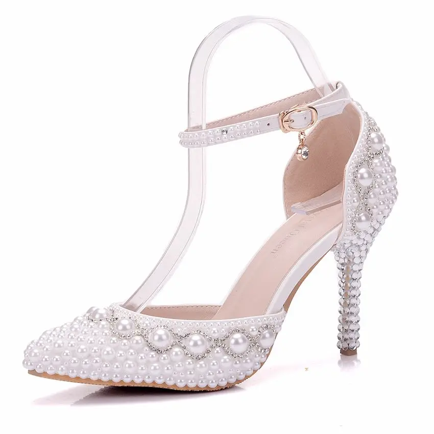 

Women's White Rhinestones Pearls Crystal Bridal Shoes Strappy High Heel Shoes D34