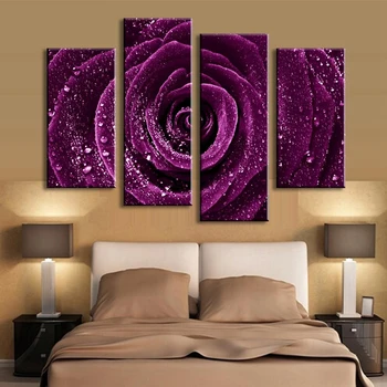 

HD Printed Canvas Poster Frame Home Decor Living Room Wall Art 4 Pieces Purple Rose Flower Raindrops Painting Modular Pictures
