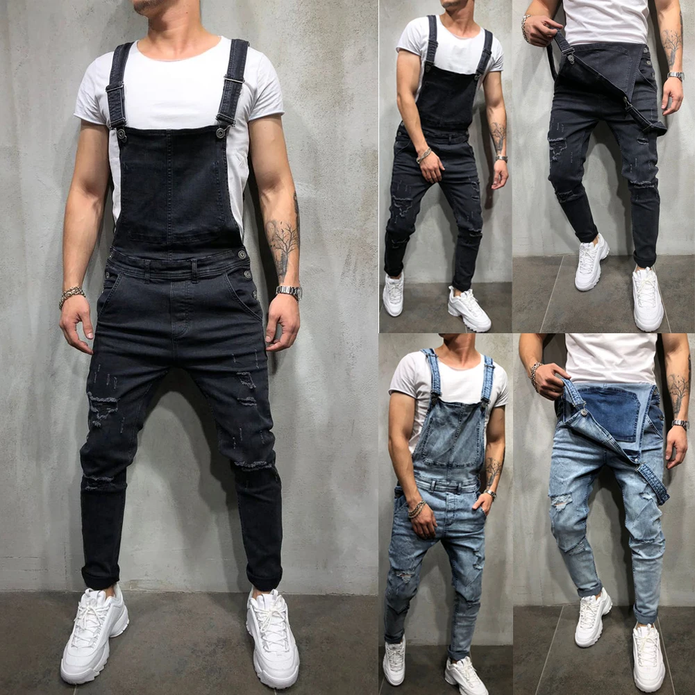 Men Distressed Denim Carpenter Overalls 