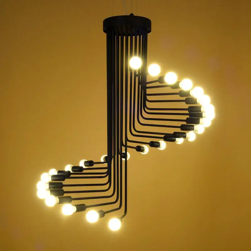 

Industry Loft Vintage Chandelier Black Iron Wind Spiral Stairs Pendant Lamp Retro Living Room Lighting Fixture LED E27 110V-240V