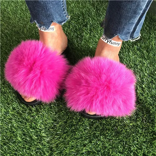 FunFur-розовый цвет, натуральный Лисий мех, пушистый мех, модные домашние летние сандалии женские меховые тапочки, обувь - Цвет: Rose