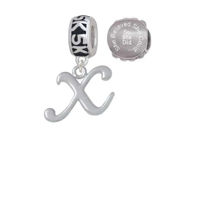 Silvertone Small Gelato Script Initial - X - 5K Run She Believed She Could Charm Beads (Set of 2)