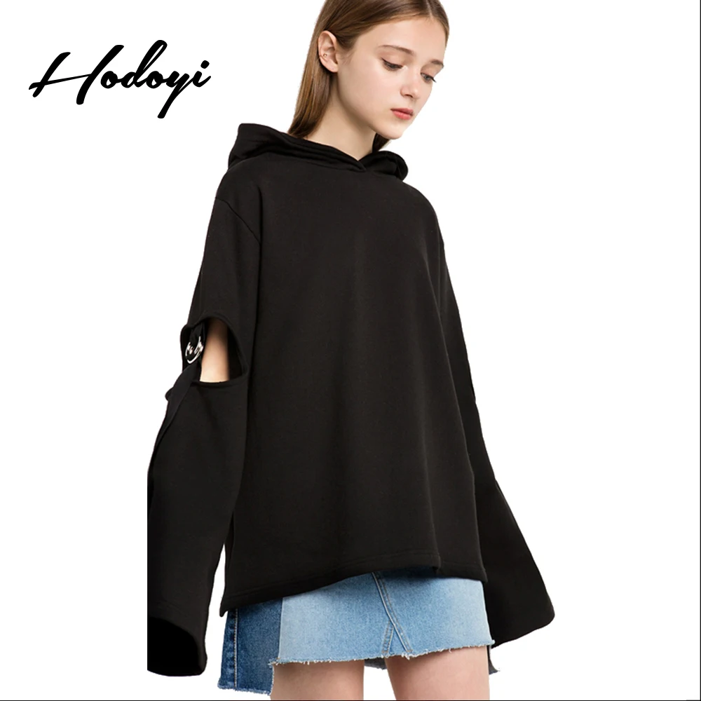 Hodoyi Black Cut Out Loose Female Sweatshirt Casual Women