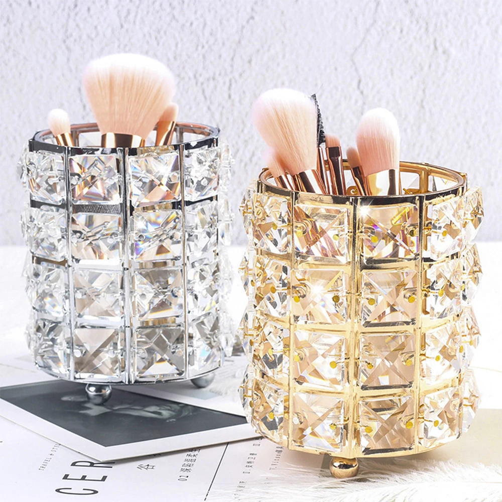 

Junejour Europe Metal Makeup Brush Storage Box Makeup Organizer Tube Eyebrow Pencil Holder Crystal Jewelry Storage Box