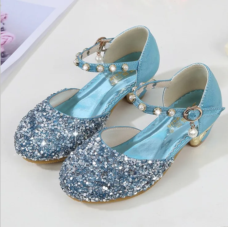 Сандалии с кристаллами; блестящая обувь на высоком каблуке для девочек; коллекция года; весенние сандалии; детская летняя обувь; Детские пляжные кожаные сандалии с ремешком и пряжкой для девочек - Цвет: blue