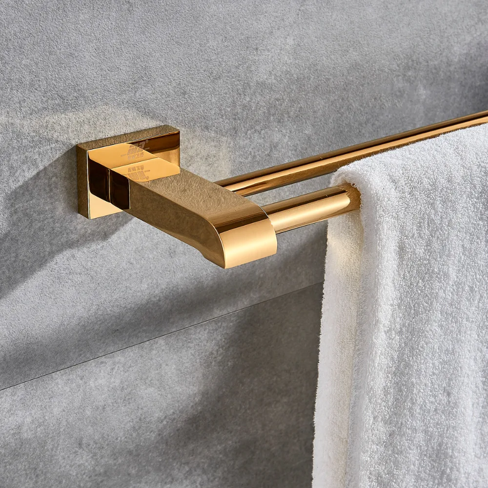 Золотой держатель для полотенец для ванной комнаты, настенный латунный двойной держатель для полотенец, аксессуары для ванной