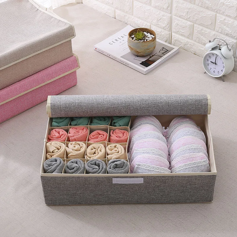 2 Types Cotton Line Underwear Organizer Bra Socks Stortage Box With Cover 1pcs Home Quality 13-17 Cells Wardrobe Organizadores