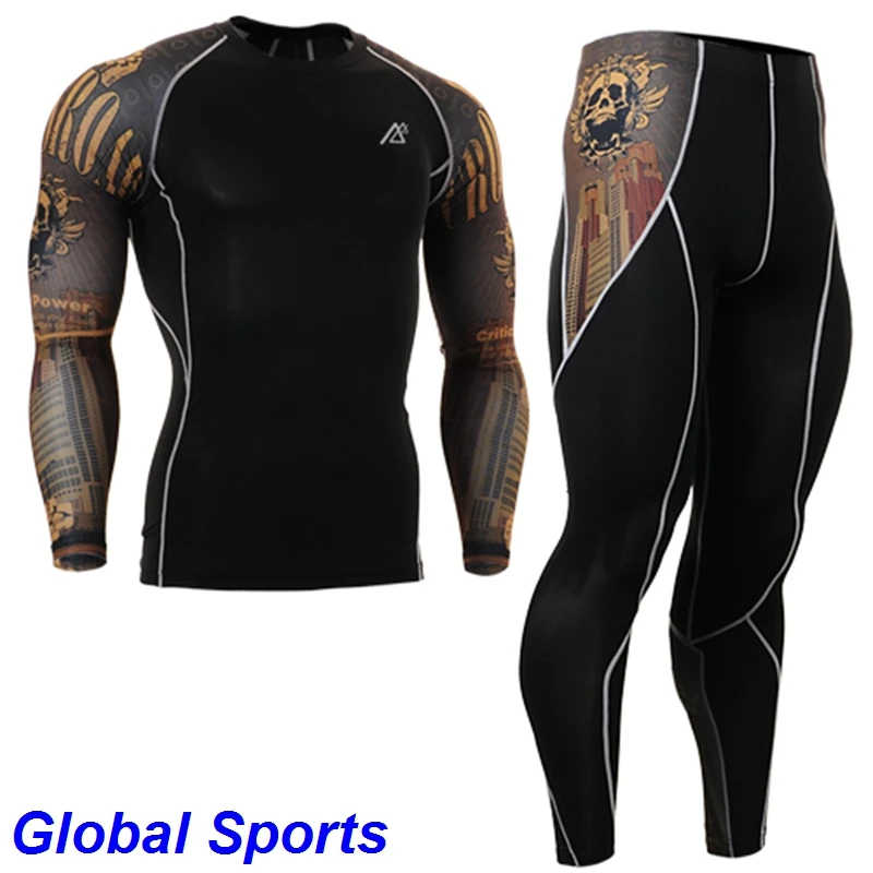 2017 mens skins compression sets skulls printing long sleeve running t shirts and pants size s-4xl | Спорт и развлечения