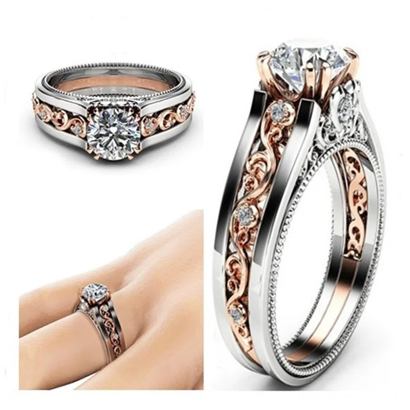 

BOAKO Fashion Flower Blue/White Zircon Ring for Women Plated Rose Gold/Silver Color New Design Rings Women Jewelry Size 6-9 Z3