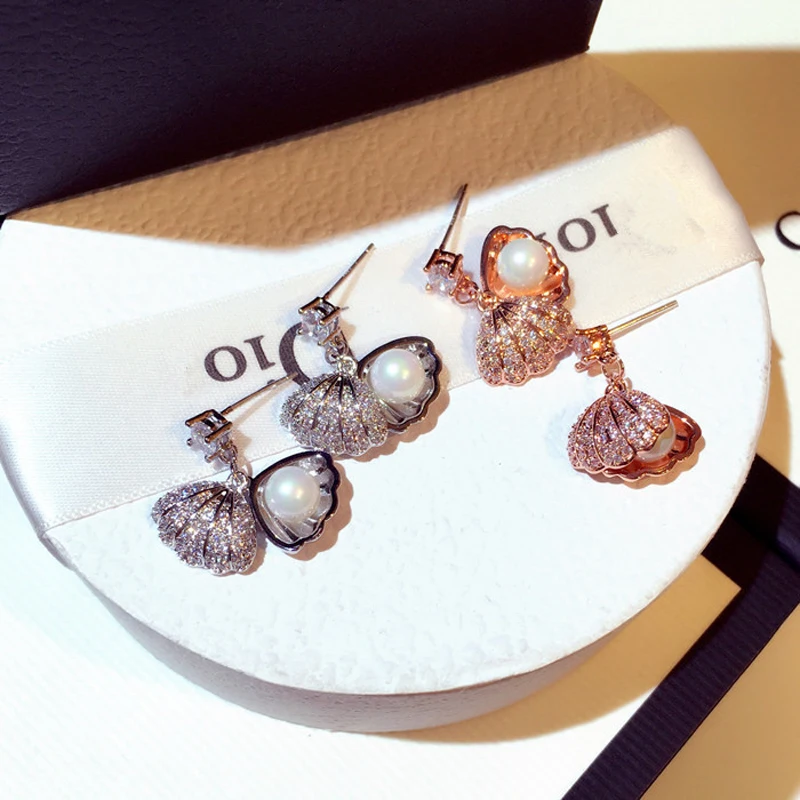 

2019 Trendy Rose Gold Color Shell Dangle Drop Earrings for Women Personality Elegant Pearl Bead Earrings Inlaid Zircon Jewelry
