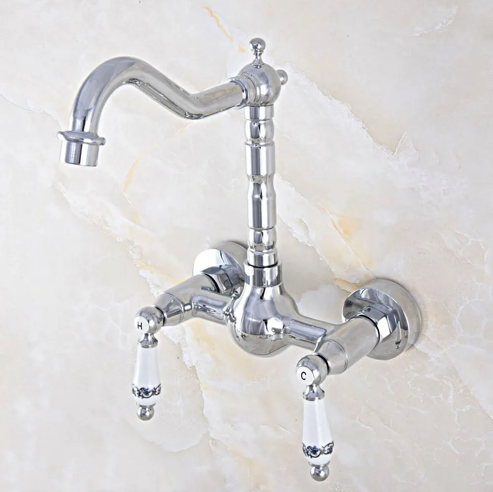 Polished Chrome Brass Wall Mount Kitchen Sink Faucet Swivel Spout Mixer Tap Dual Ceramics Handles Levers anf566