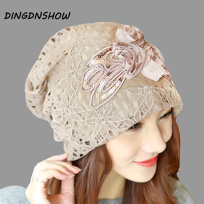 

[HEAD BEE] Brand Beanies Hat Adult Cotton Lace Double Flowers 2017 Knitted Cap Lady Skullies for Women