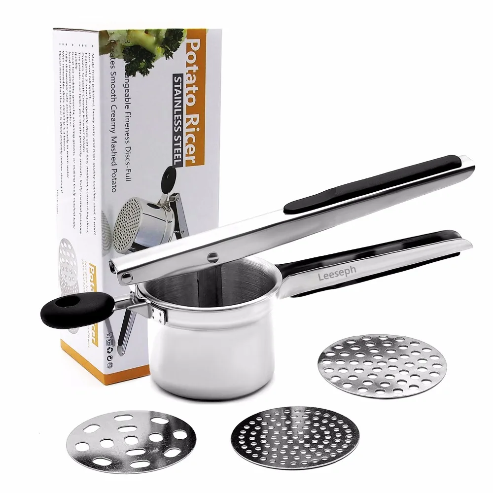 

Stainless Steel Potato Ricer - Manual Masher for Potatoes, Fruits, Vegetables and More - 3 Interchangeable Discs Easy To Use