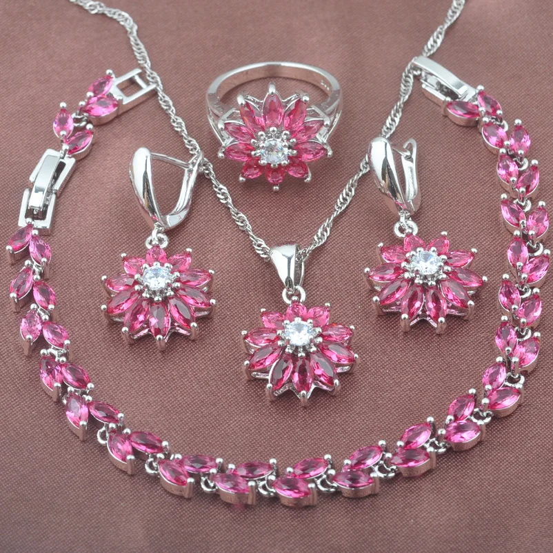 

Pretty Flower Rose Red Zirconia Silver Women's Jewelry Set Bracelet Necklace Pendant Earrings Ring YZ0435