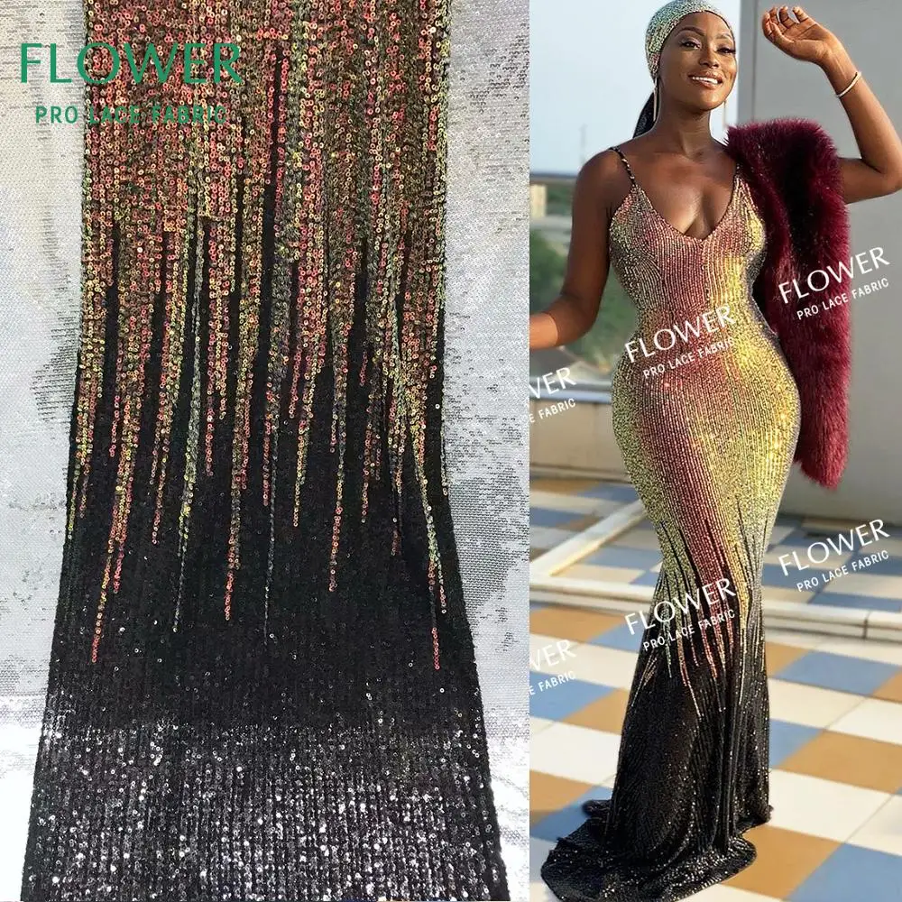 

Gradient Color Sequins Net Lace Fabric Elastic Mesh Laces For Indian African Noble Lady Wedding Bride Dresses Prom Net Material