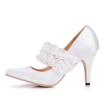 White/Ivory Lace Pearls Flower Wedding Shoes Pointed Toes Lace Pearls Bridal Pumps Size EU34-41 J1508