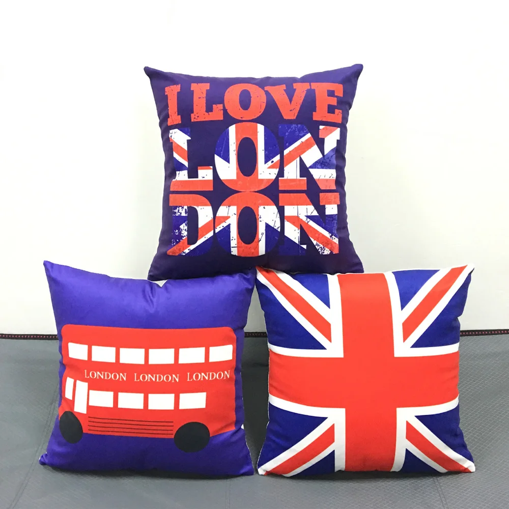 British Retro Style Cushion Cover I Love London Bus Union Jack UK Flag